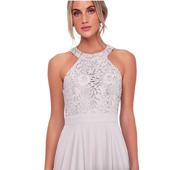 NWT LULUS Love Poem Gray Halter Gown Crocheted Lace Bodice - Picture 2 of 11
